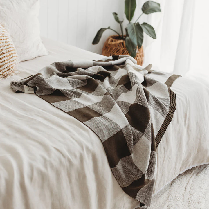 The Rest Organic Cotton Knit Blanket - Olive Gingham