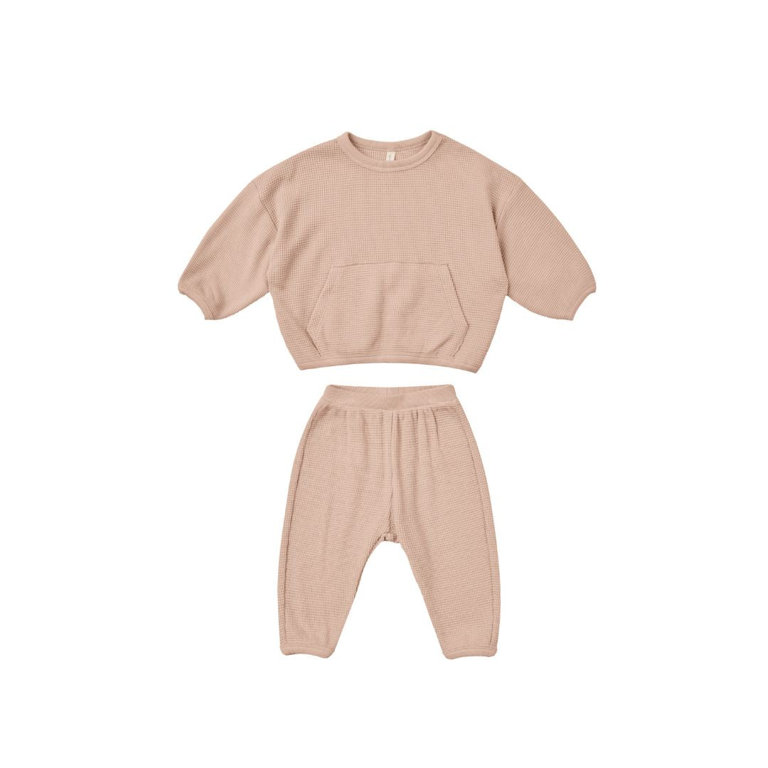 Quincy Mae - Waffle Top and Pant Sweat Set - Blush