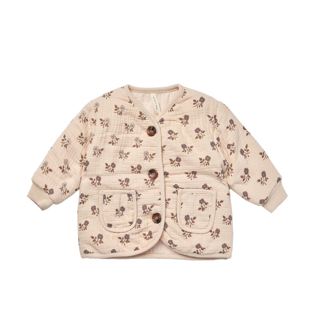 Quincy Mae - Quilted V Neck Button Jacket - Fig Flora