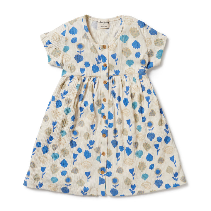 Wilson and Frenchy Crinkle Button Kids Dress - Ocean Breeze