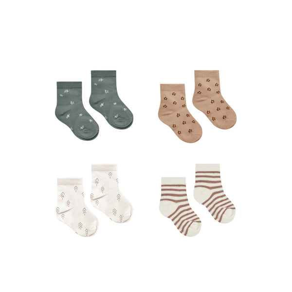 Quincy Mae - Printed Socks - 4 Pack - Cocoa Stripe/Stars/Trees/Ditsy
